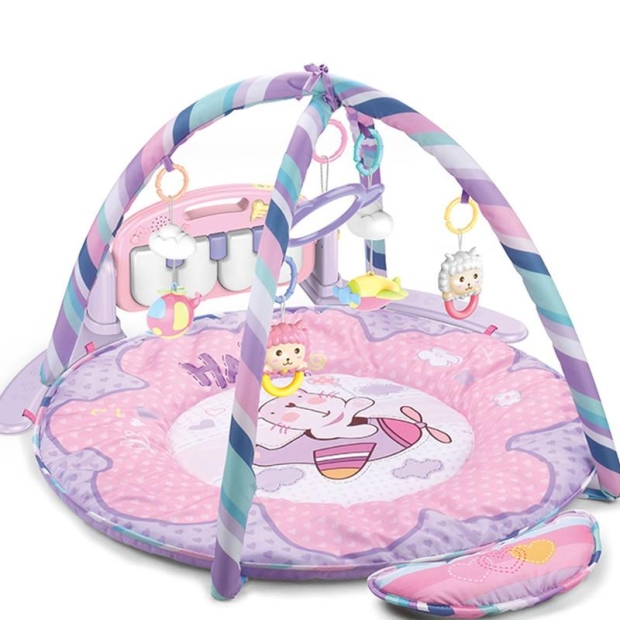 Mata dla niemowląt z zawieszkami i pianinkiem okrągła różowa