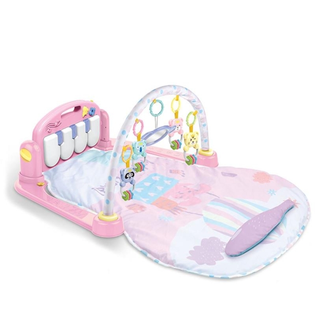 Mata dla niemowląt z zawieszkami i pianinkiem zwierzątka różowa