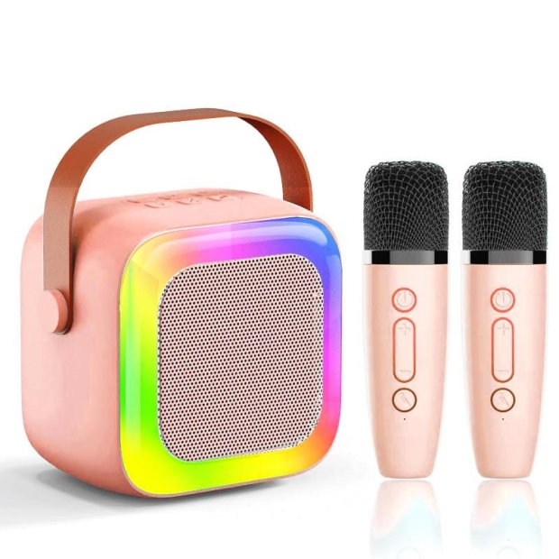 Głośnik karaoke z dwoma mikrofonami różowy